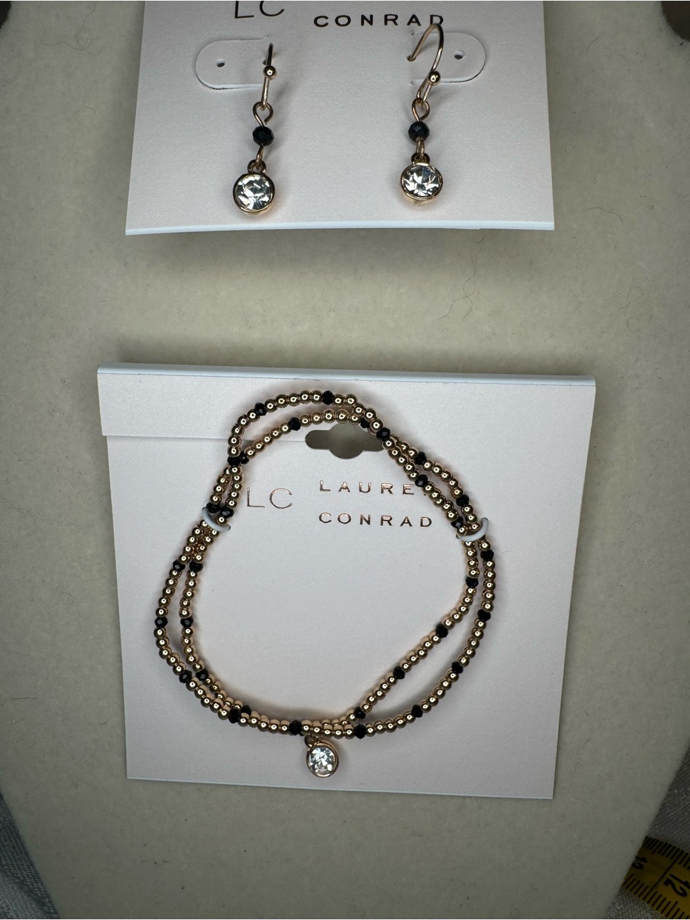 New LC Lauren Conrad Gold & Black Beaded Stretch Bracelet with matching earrings